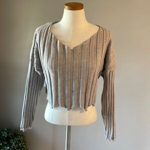 Le Lis women’s cropped oversized V neck sweater distressed raw edges oatmeal SM